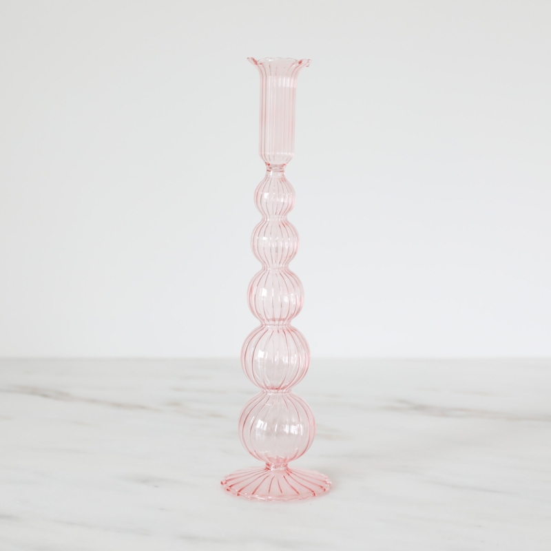 Taper Candle Holder Trio with Sculptural Beaded Stem in Blush Glass
