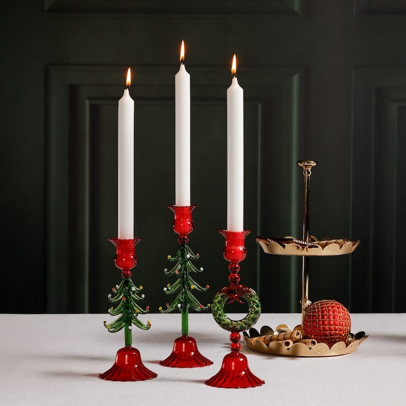 Taper Candle Holder White Tree Shape Snowy Textured Finish Set