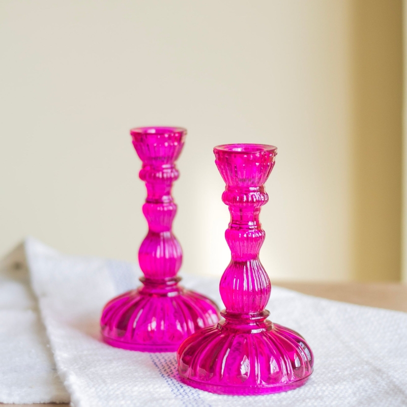 Taper Candle Holder with Flared Petal-Shaped Base in Pink Glass