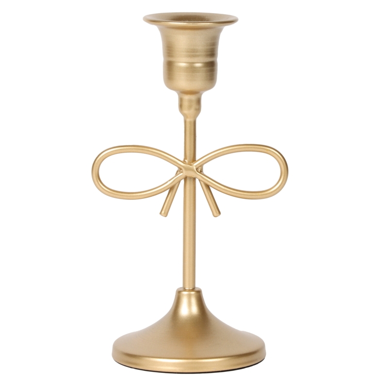 Taper Candleholder, Polished Gold Metal with Delicate Bow Accent.