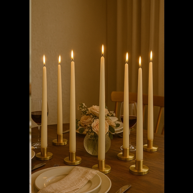 Taper Candles, Gold Toned Holders, Slender Form, Warm Ambient Light