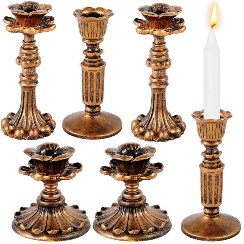 Taper Candlestick Set Floral Relief Carvings Bronze Resin