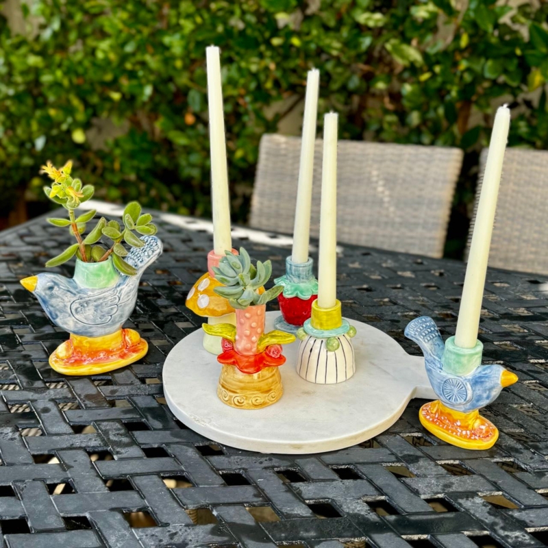 Taper Holder with Hand Painted Stoneware Flower Shape & Glaze