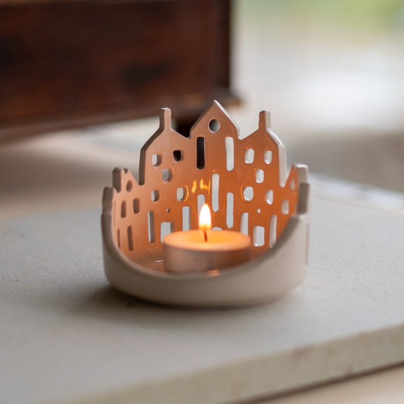 Tea Light Holder Cityscape Silhouette Wooden Block Base Industrial