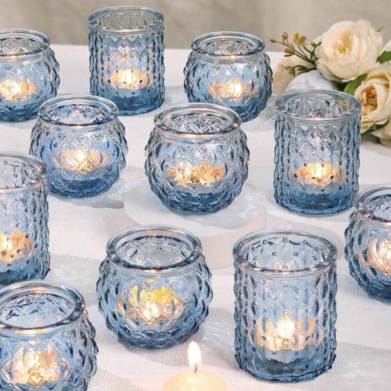 Teal Blue Mercury Glass Votive Candle Holder Set Speckled Finish