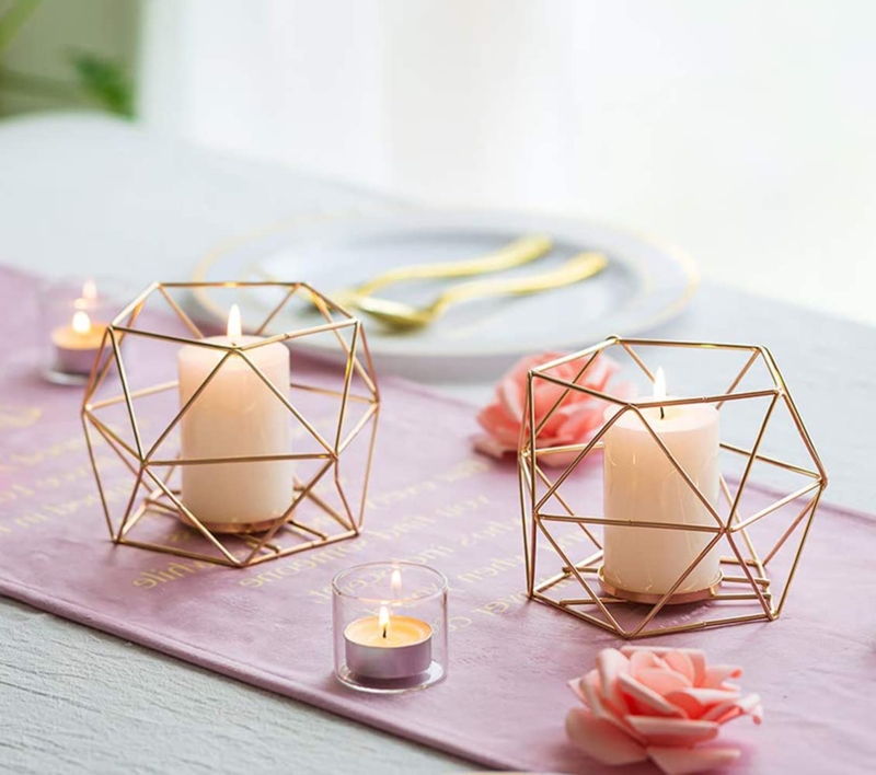 Tealight Candle Holder Geometric Wireframe Gold Metal Set