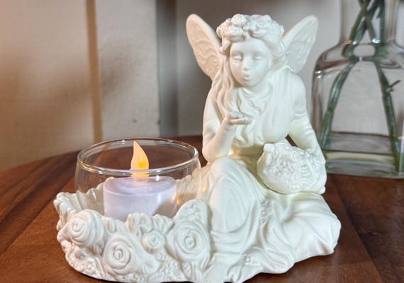 Tealight Holder Matte Bisque Fairy Sculpture Whimsical Cottagecore Table Accent