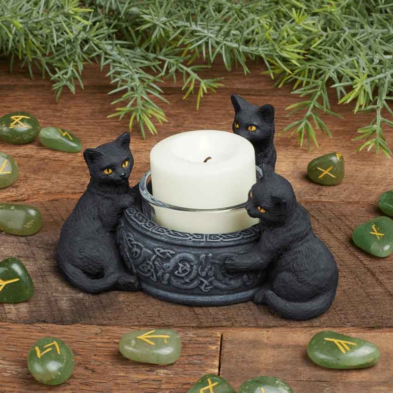 Tealight Holder Matte Black Cat Silhouette Base Polystone Gothic Decor