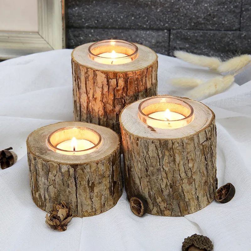 Tealight Holder Natural Bark Exterior Varying Heights Rustic Set