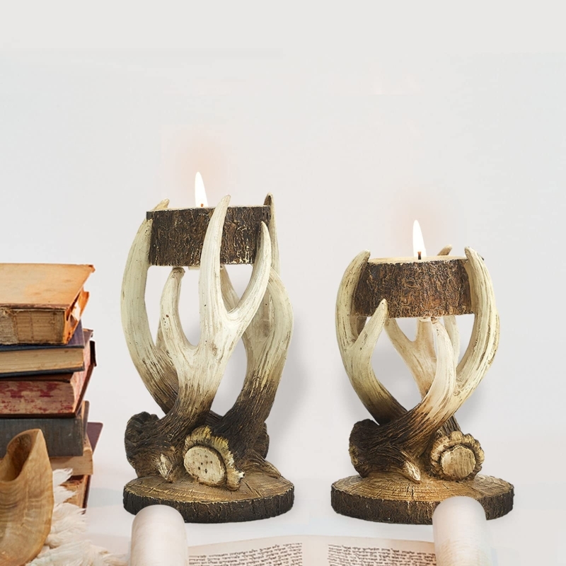 Tealight Holder Pair Antler Silhouette on Log Base Styling