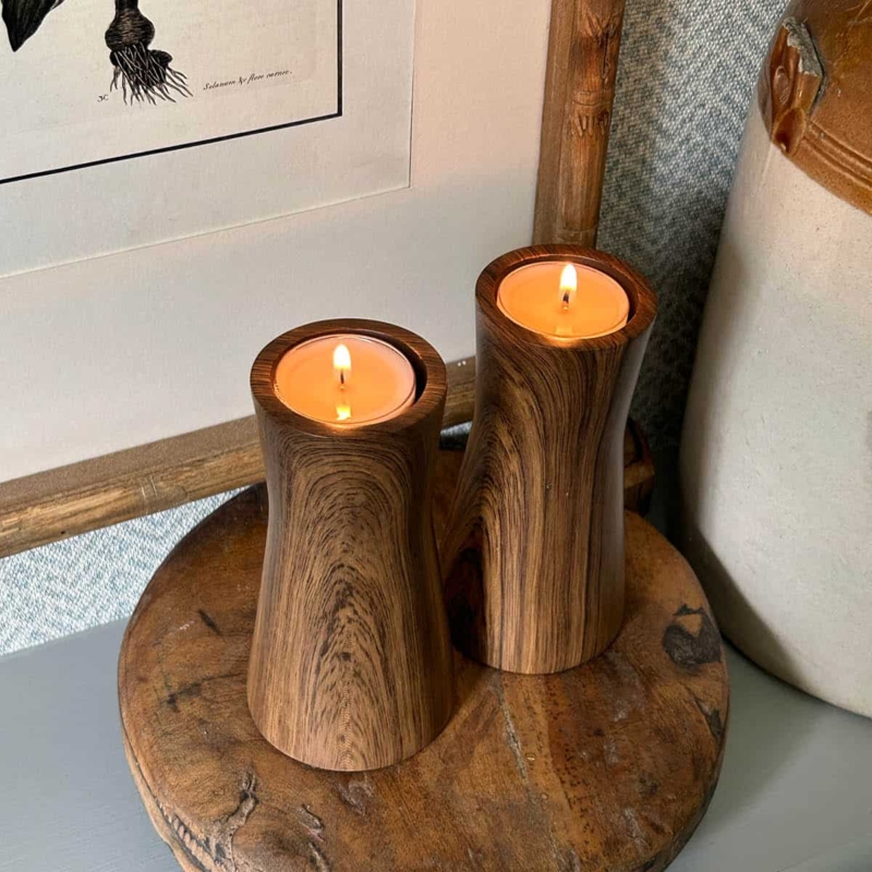 Tealight Holder Pair Faux Bois Bark Texture Rustic Nature Inspired