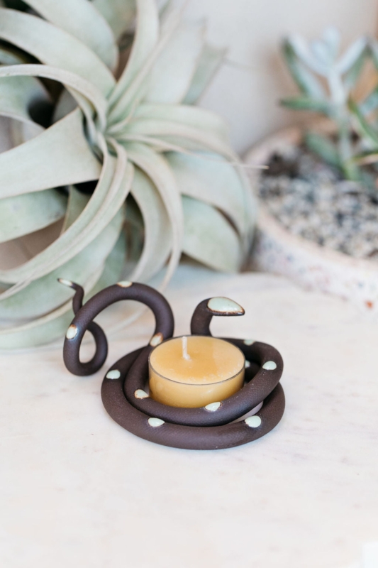 Tealight Holder Sculptural Snake Form Glossy Off-White Ceramic
