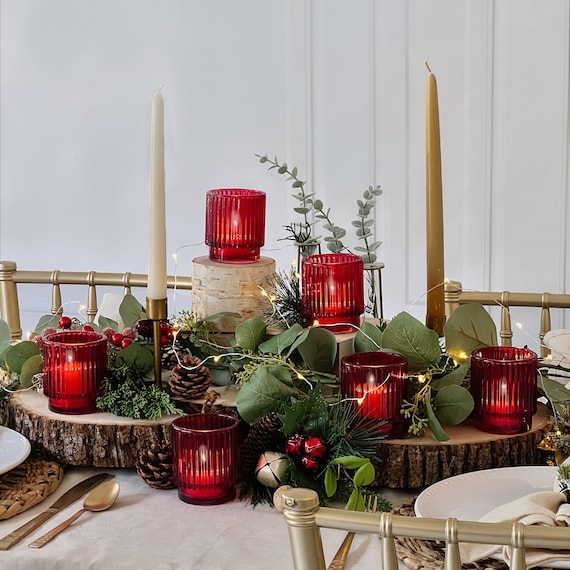 Tealight Holder Set, Crimson Red Ribbed Glass Festive Decor