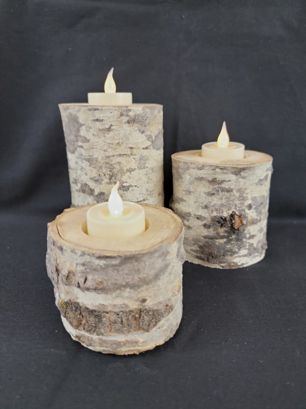 Tealight Holder Set Natural Wood Log with Unpeeled Bark and Graduated Heights