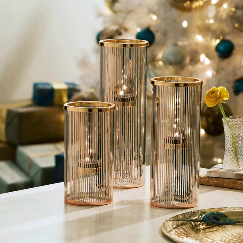 Tealight Holder Set: Pink Pinstripe Glass Trio with Graduated Heights