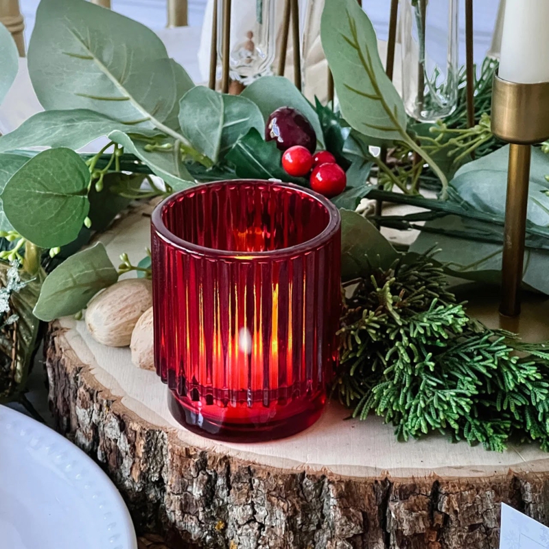 Tealight Holder Set, Ribbed Red Glass Modern Farmhouse Decor
