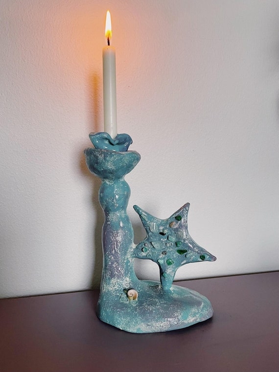 Tealight Holder Starfish Shape Distressed Turquoise Beach Theme