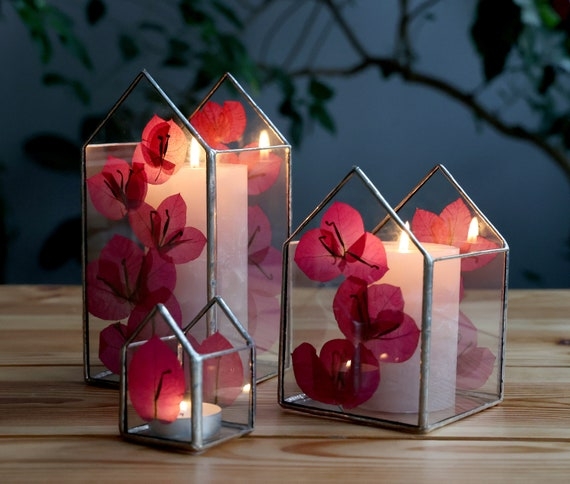 Tealight Holder with Pressed Bougainvillea & Stained Glass Panels