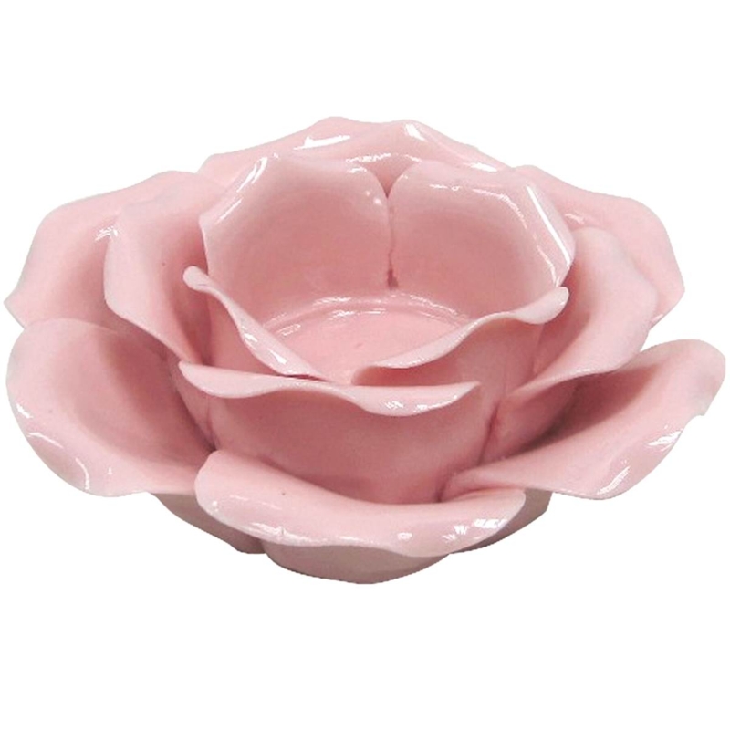 Tealight Holder with Sculpted Multi-Layered Petals in Blush Glaze
