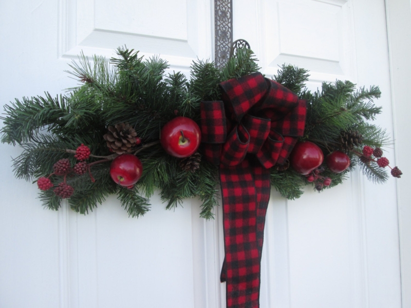 Teardrop Evergreen Christmas Swag with Buffalo Plaid Bow and Apples