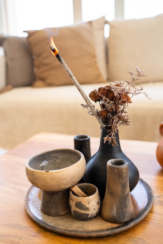 Terracotta Ceramic Candle Holder Set Tiered Base Ring Handle
