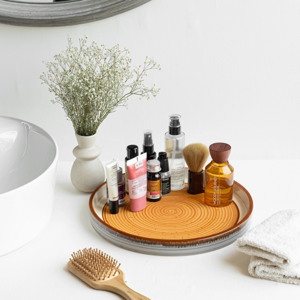 Terracotta Glaze Round Tray with Bird Motif & Textured Rim