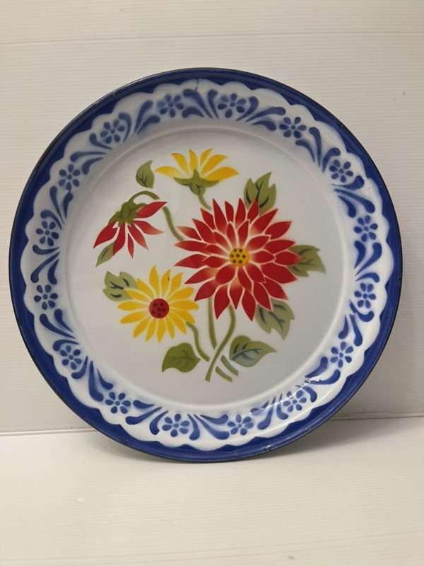 Thai Floral Serving Tray Contrast Rim Enamel Glossy Cream Dark Blue