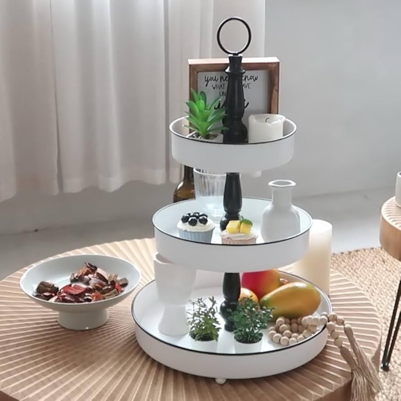 Three-Tiered Metal Tray with Large Loop Handle, Black and White