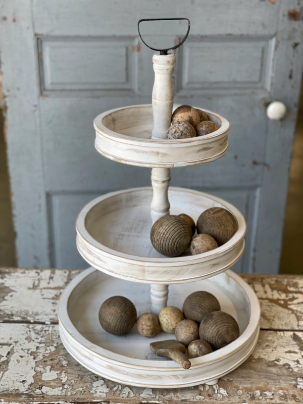 Three-Tiered Stand: White Trays with Wood Accents and Turned Finial