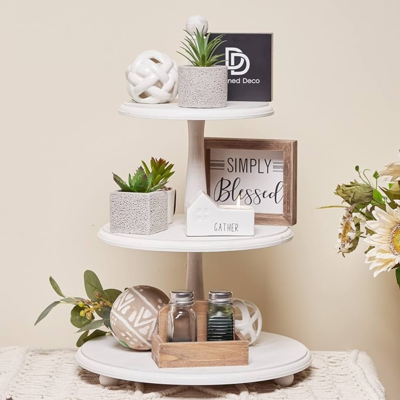 Three Tiered Wood Serving Tray with Dark Metal Central Spindle