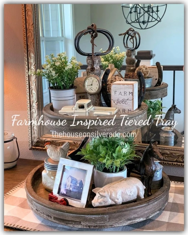 Three Tiered Wood Tray Stand with Distressed Finish and Turned Post