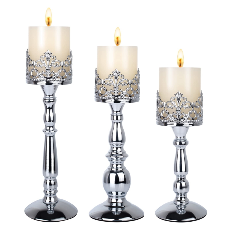 Tiered Candle Holder Set Antique Silver Turned Post Design Vintage Decor