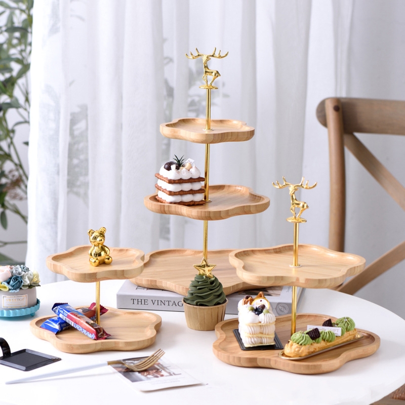Tiered Serving Stand Wood Flower Plates with Gold Deer Finials