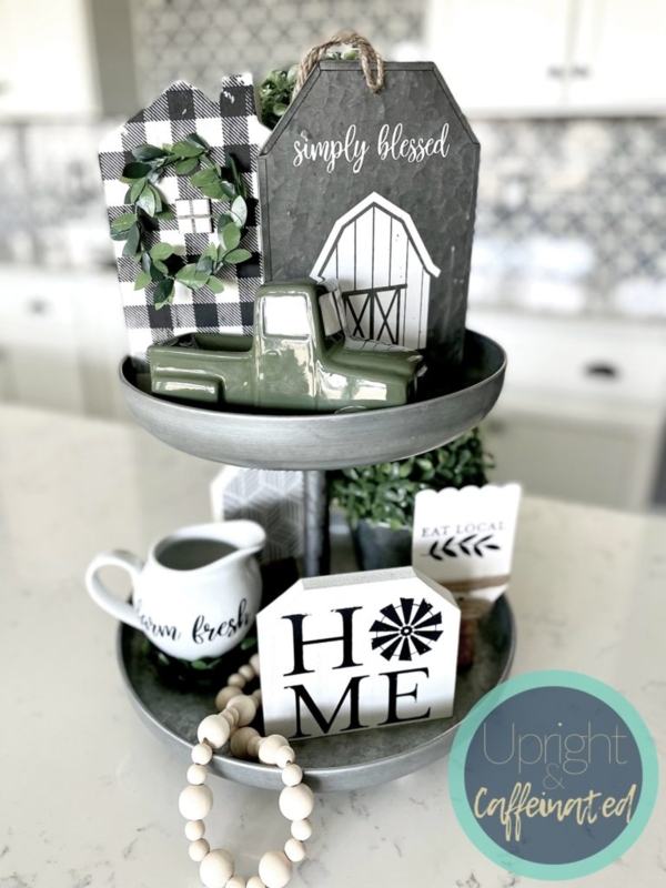 Tiered Tray 2-Tier Wood Stand with Whitewashed Rim and Bead Garland