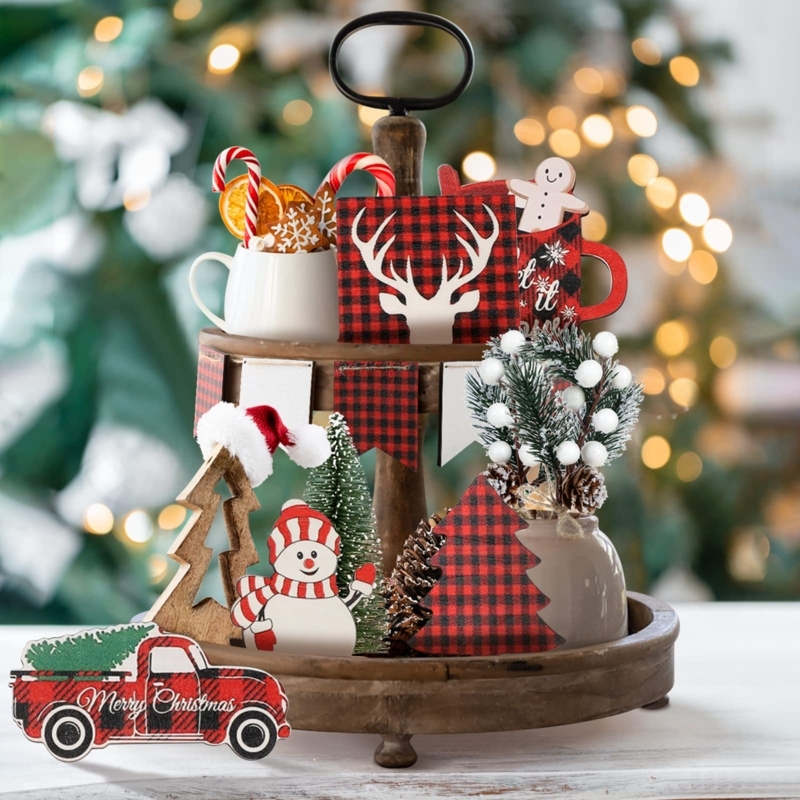 Tiered Tray Buffalo Plaid Accents Farmhouse Christmas Styling