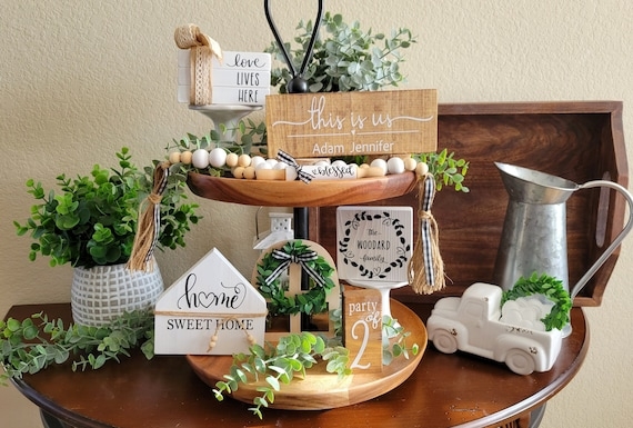 Tiered Tray Decor Kit with Personalized Text and Miniature Houses