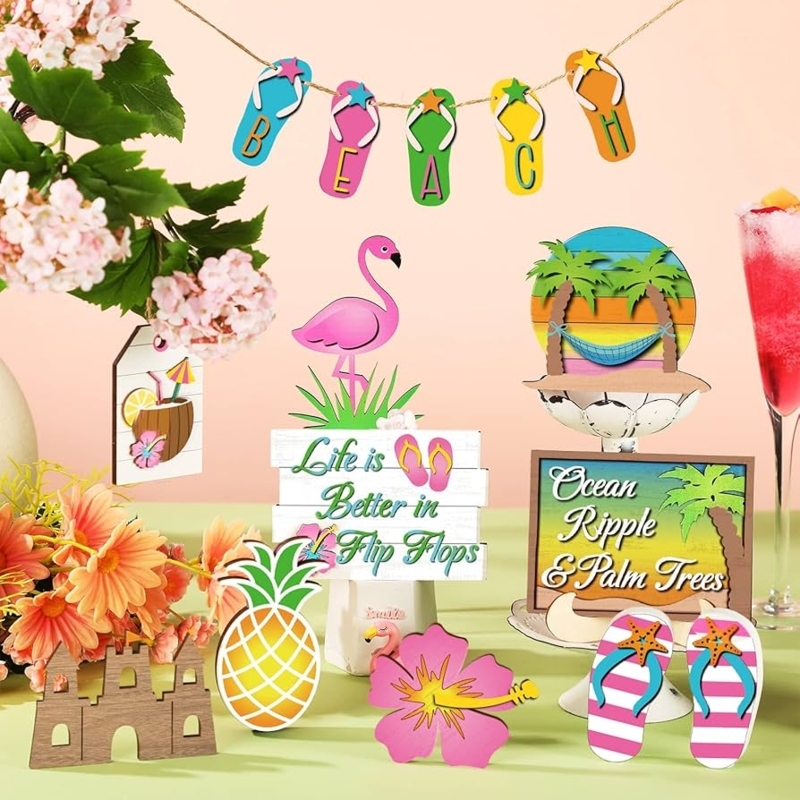 Tiered Tray Decor Set Tropical Farmhouse Beaded Garland Flamingo Motifs Summer Kitchen Styling