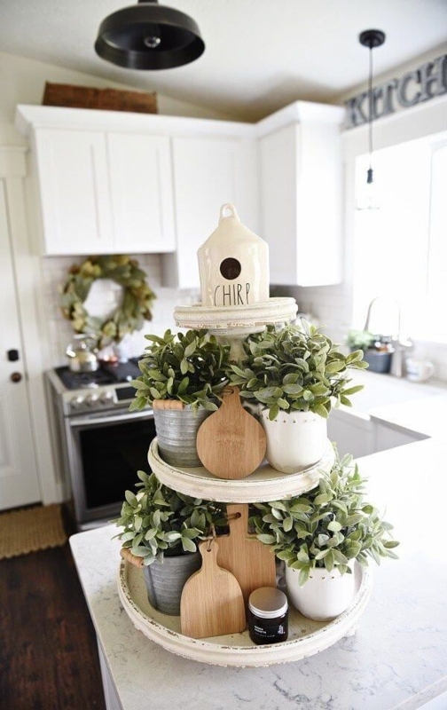 Tiered Tray Distressed White 2-Tier Stand with Bead Garland Decor