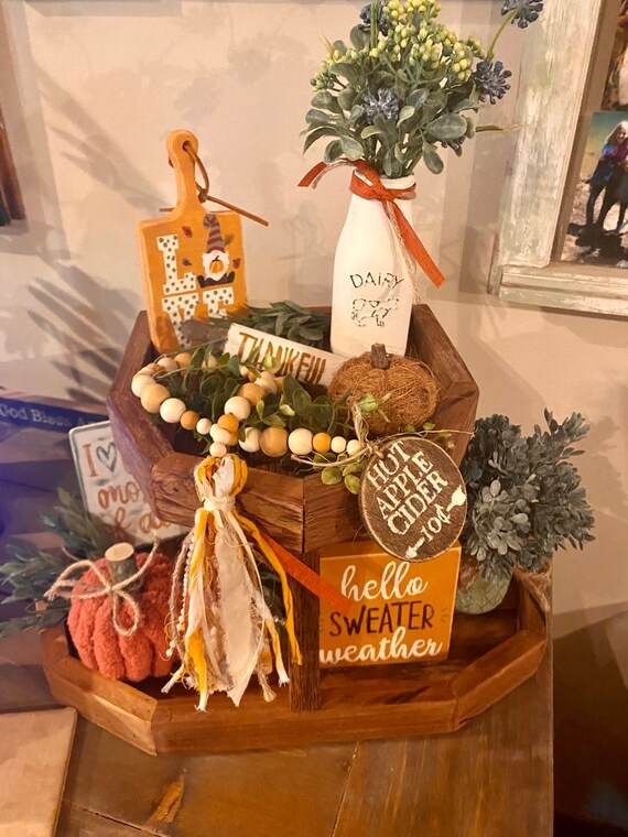 Tiered Tray Distressed Wood 3-Tier Stand with Seasonal Fall Decor