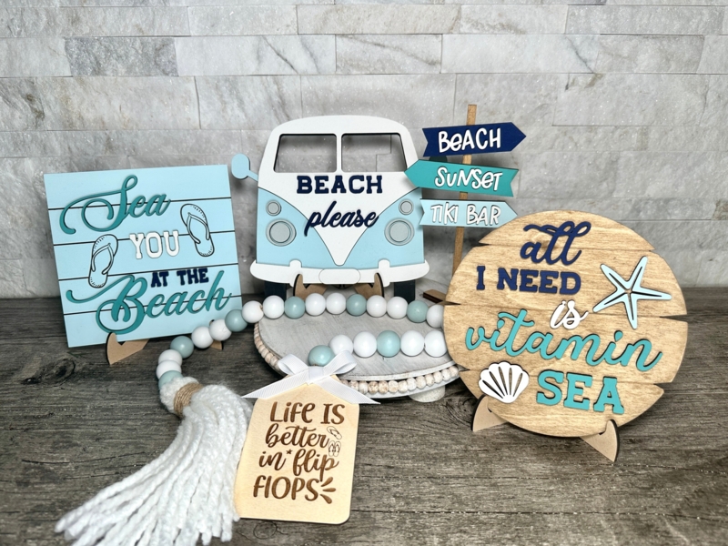 Tiered Tray Distressed Wood Beaded Garland Coastal Tray Decor