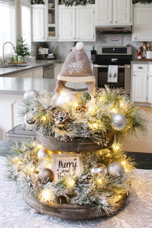 Tiered Tray Integrated Fairy Lights Beaded Wood Holiday Centerpiece