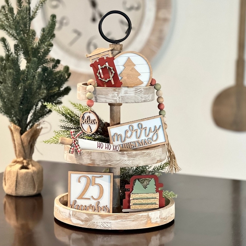 Tiered Tray Mini Rolling Pins Bead Garland Farmhouse Kitchen Styling
