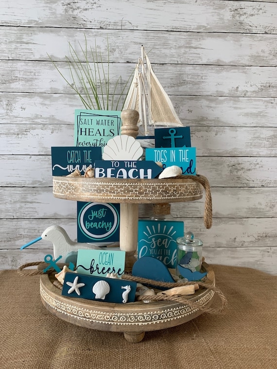 Tiered Tray Nautical Motifs Whitewashed Finish Beach Themed Decor