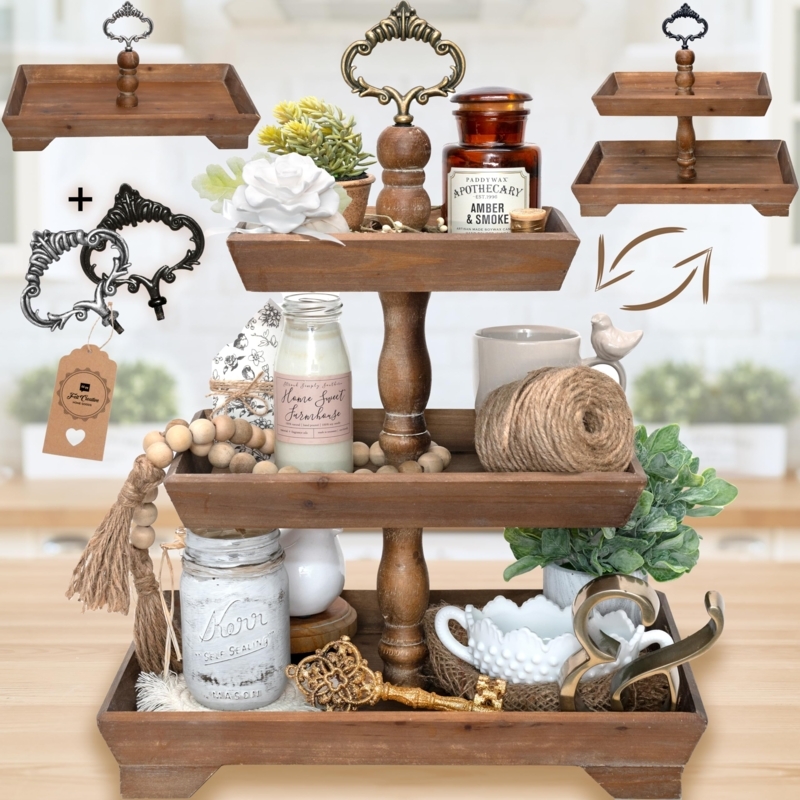 Tiered Tray Three Tier Rectangular Wood and Metal Rustic Kitchen Decor