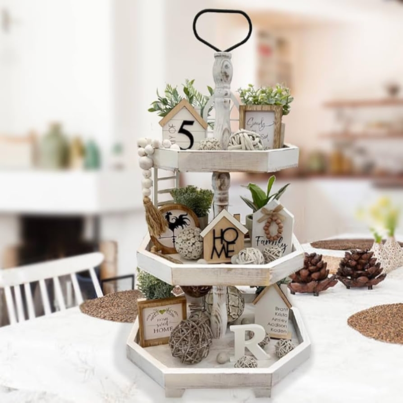 Tiered Tray Three Tiered Dark Wood Finish Rustic Farmhouse Centerpiece