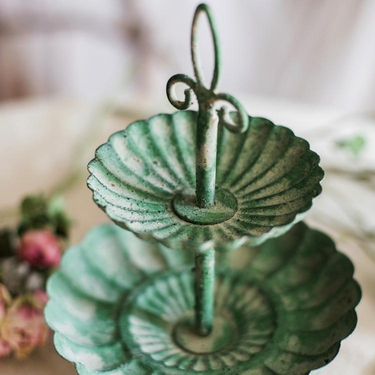 Tiered Tray Two Tier Round Bird Finial Distressed Finish Rustic Garden