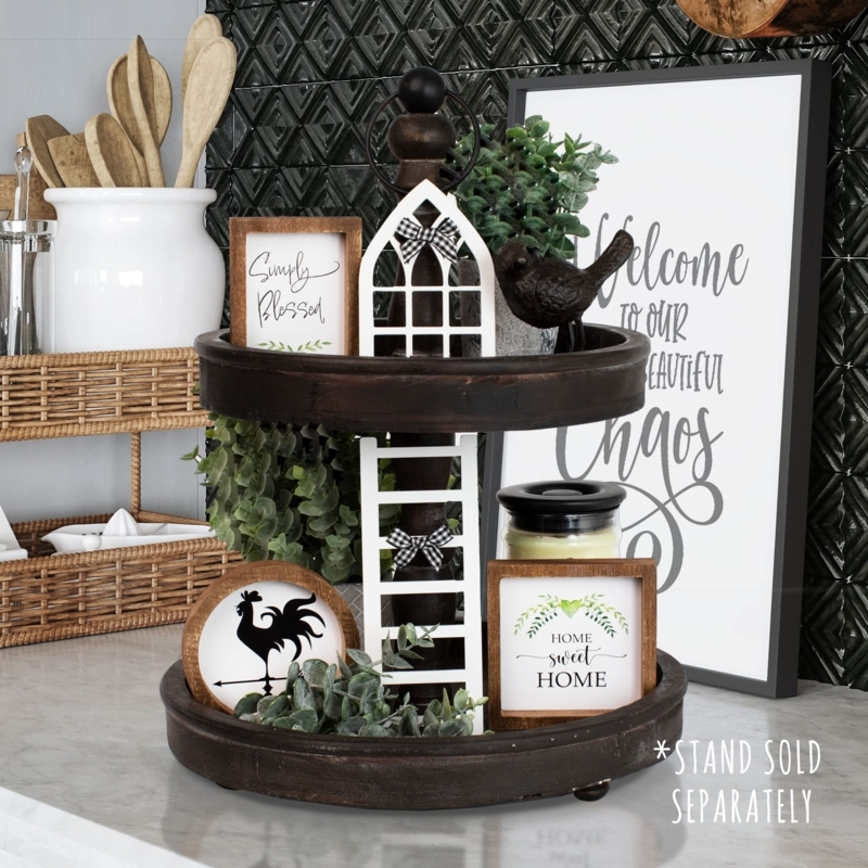 Tiered Tray: Two-Tier Whitewashed Wood Farmhouse Spindle Handle Decor