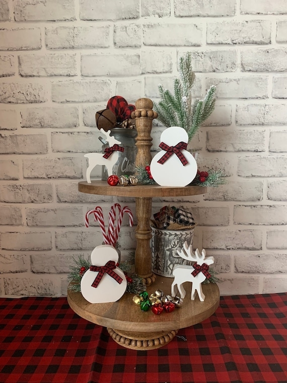 Tiered Tray: Two-Tier Wood and Metal Handle with Winter Figurine Decor