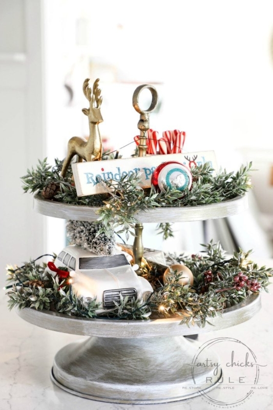 Tiered Tray Whitewashed Metal Ring Handle Top Festive Stand Styling