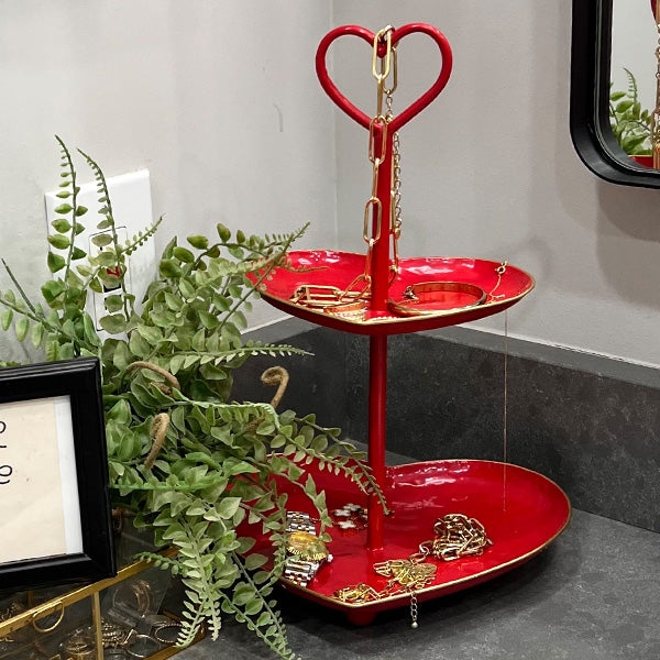 Tiered Tray with Heart Shape and Central Handle for Farmhouse Decor